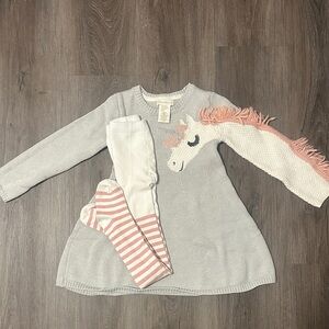Gray Unicorn Sweater Dress with Striped Tights 5/6